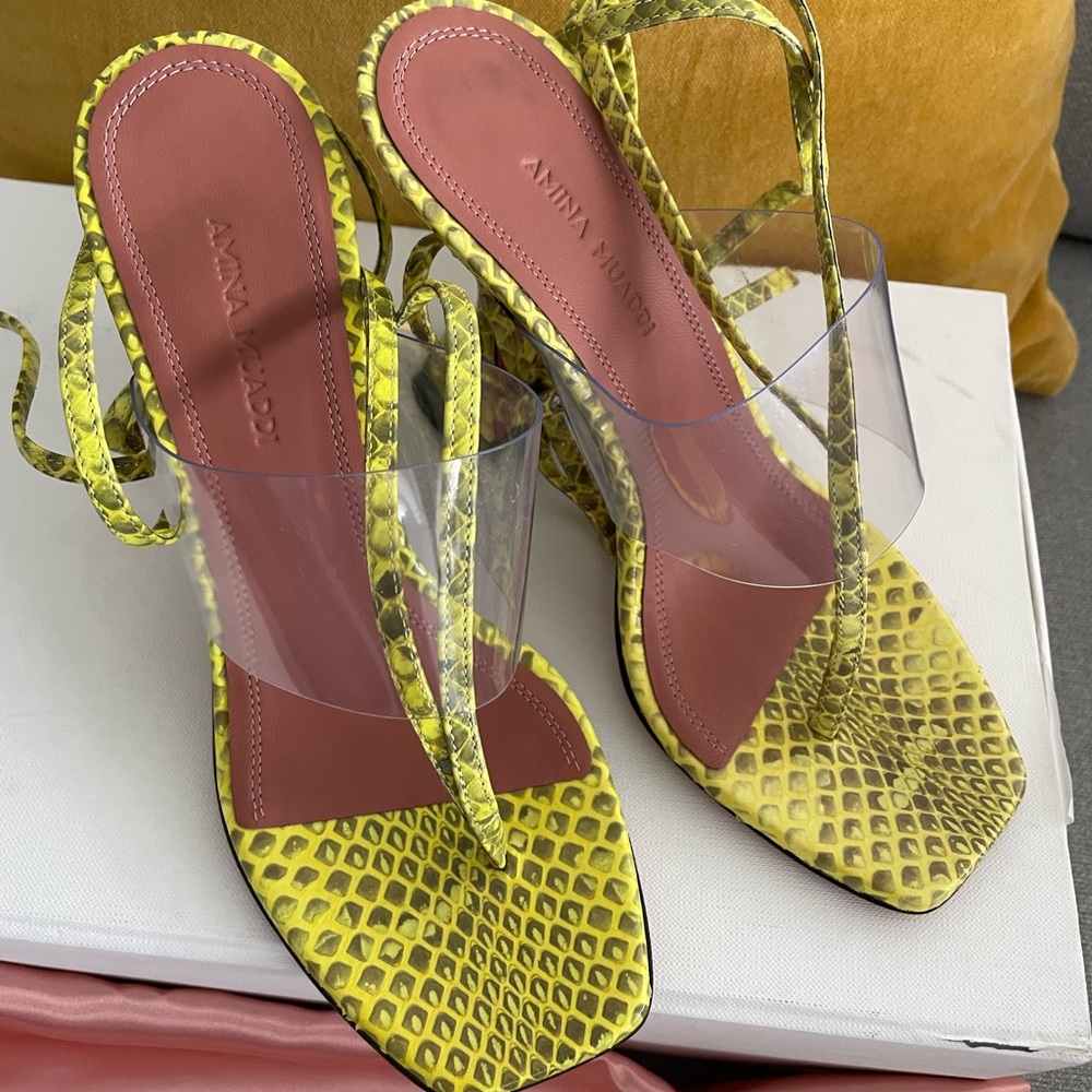 Amina Muaddi Zula Lime Yellow Snakeskin PVC